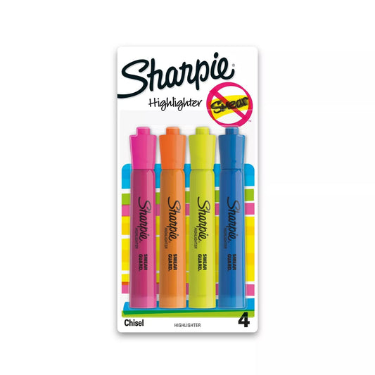 Sharpie 4pk Highlighters Smear Guard Chisel Tip Multicolored: Bold Highlighters Markers for School & Office, 3+ Years